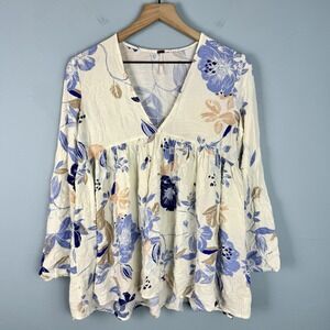 Free People Bella Tunic Top Women's S White Floral Long‎ Bell Sleeve Mini Dress